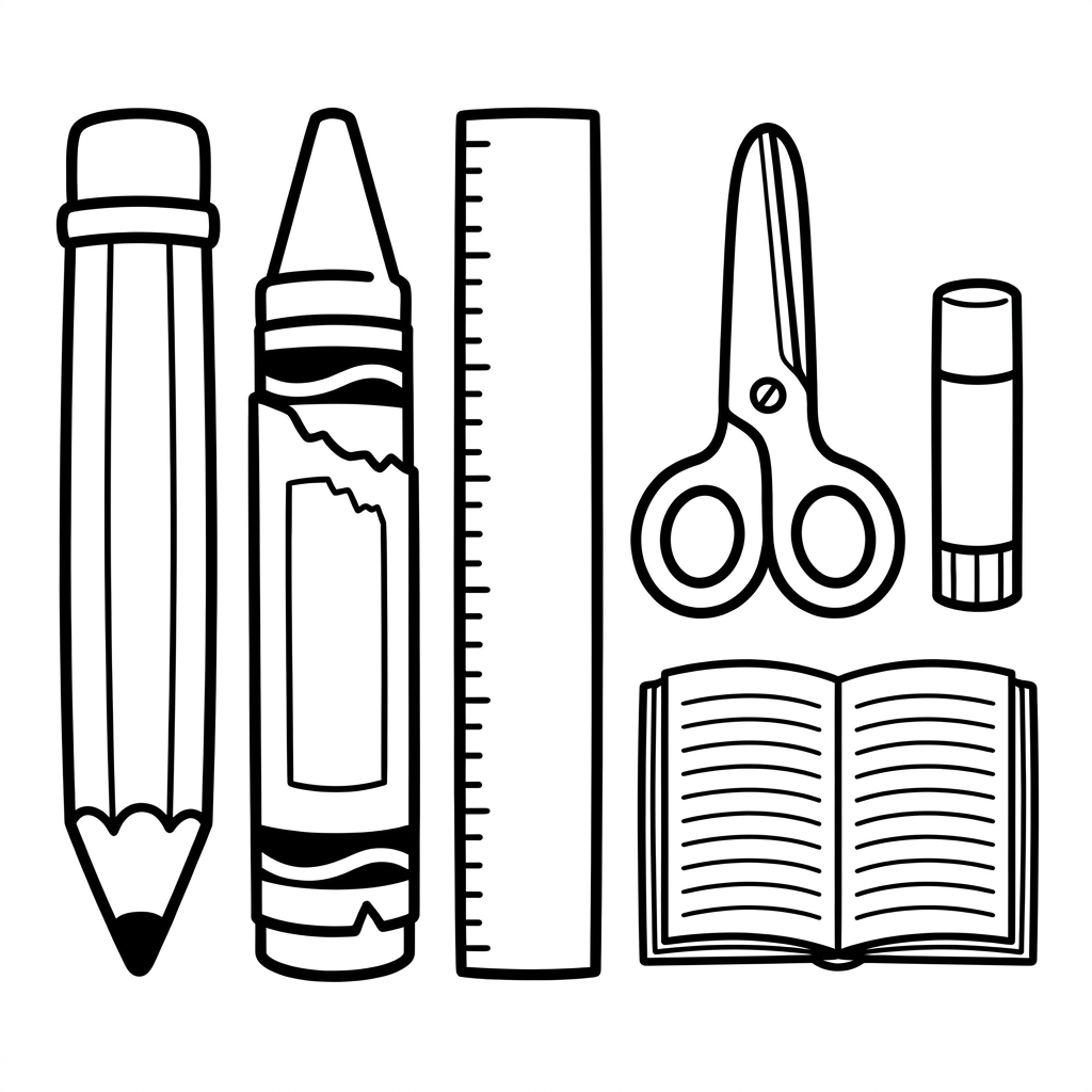 Welcome to preschool coloring page of school supplies including a pencil, crayon, ruler, scissors, glue stick, and notebook